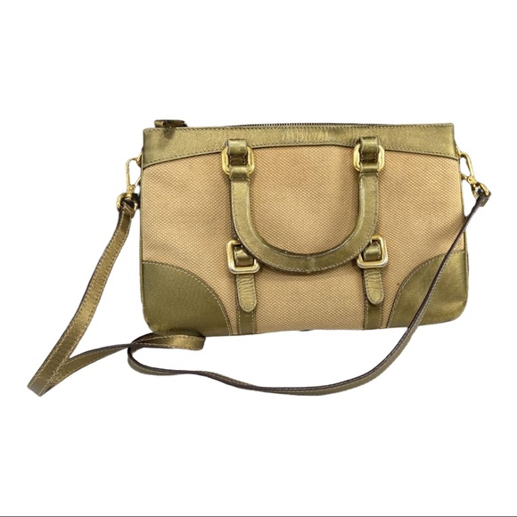Prada Gold Saffiano & Canvas Tote Beige Leather Cross Body Bag with Entrupy - Picture 5 of 12